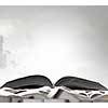 Opened book among many others on sky background
