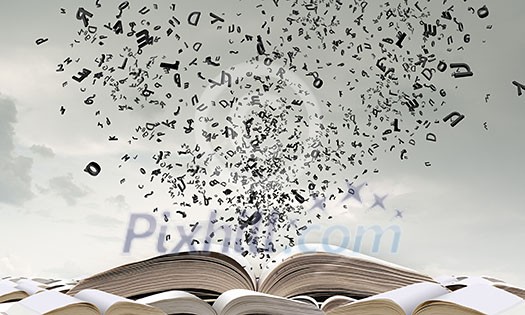 Opened book with characters flying out of pages Opened book with characters flying out of pages