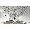 Opened book with characters flying out of pages
