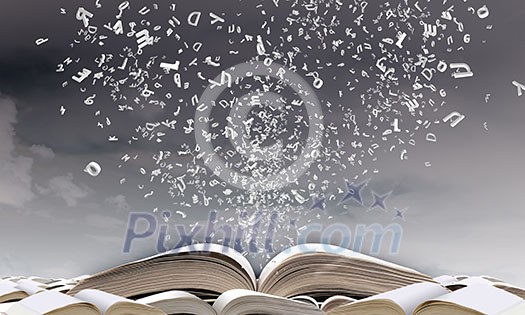 Opened book with characters flying out of pages Opened book with characters flying out of pages