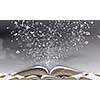 Opened book with characters flying out of pages