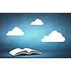 Opened book with white clouds above pages