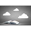 Opened book with white clouds above pages
