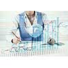 Businessman hand writing with pen and digital business infographs