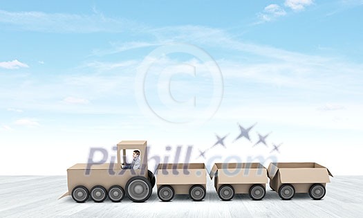 Young man riding carton train. Women in business Young man riding carton train. Women in business
