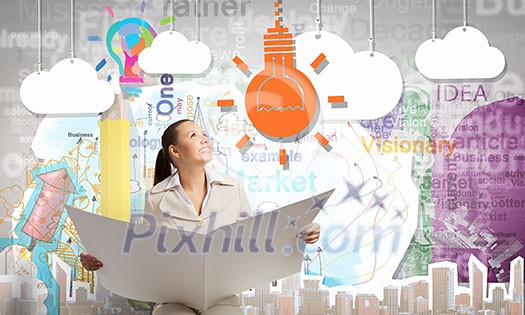 Portrait of young businesswoman in white suit reading blank newspaper Portrait of young businesswoman in white suit reading blank newspaper