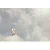 Woman in dress and hat sitting on cloud and working on laptop