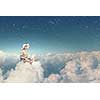 Woman in dress and hat sitting on cloud and working on laptop