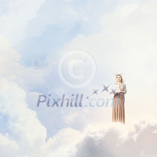 Young lady standing on cloud and using laptop Young lady standing on cloud and using laptop