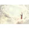 Young lady standing on cloud and using laptop