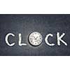 Conceptual image with word clock on gray background