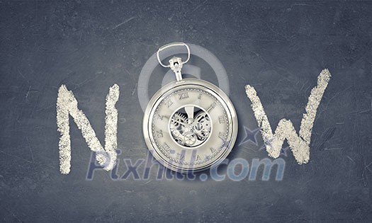Conceptual image with word now and pocket watch instead of letter Conceptual image with word now and pocket watch instead of letter