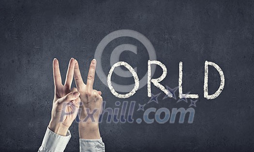 Word world with fingers instead of letter W Word world with fingers instead of letter W