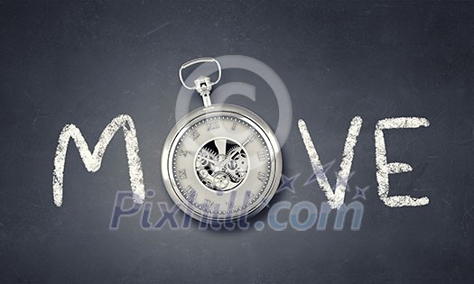 Conceptual image with word move and pocket watch instead of letter Conceptual image with word move and pocket watch instead of letter