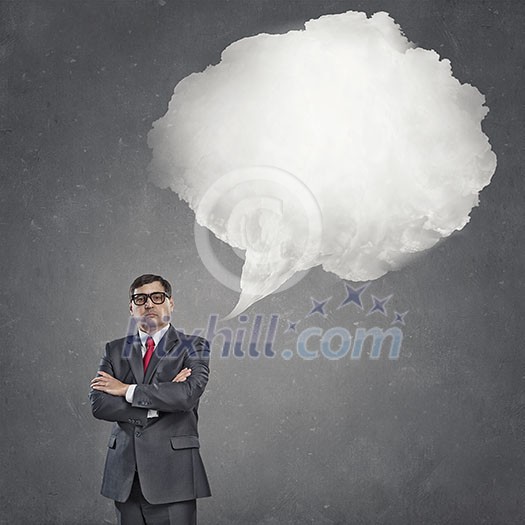 Middle aged businessman and white blank cloud above his head Middle aged businessman and white blank cloud above his head
