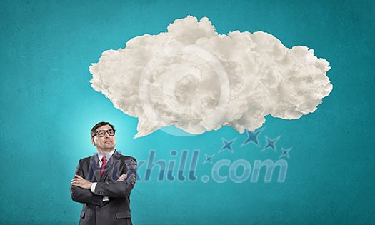 Middle aged businessman and white blank cloud above his head Middle aged businessman and white blank cloud above his head