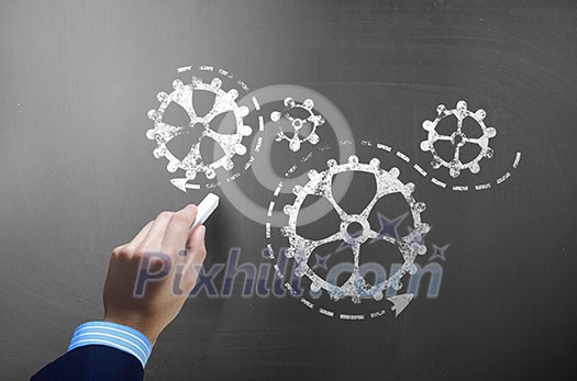 Businessman hand drawing with chalk gears mechanism as teamwork concept Businessman hand drawing with chalk gears mechanism as teamwork concept