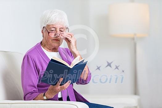 Portrait of a senior woman at home - Looking happy, looking at the camera, smiling while sitting on the sofa in her living room and reading a good book Portrait of a senior woman at home - Looking happy, looking at the camera, smiling while sitting on the sofa in her living room and reading a good book