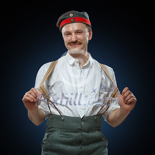 Happy man in suspenders. German soldiers of the First World War. WWI. Happy man in suspenders. German soldiers of the First World War. WWI.