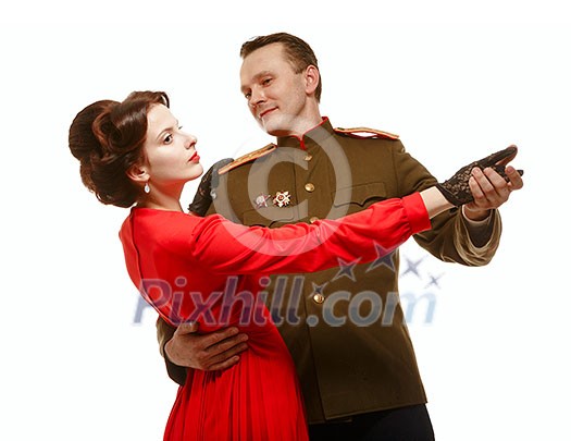 Couple dancing a waltz. Period - the Second World War. Farewell to loved ones. Couple dancing a waltz. Period - the Second World War. Farewell to loved ones.
