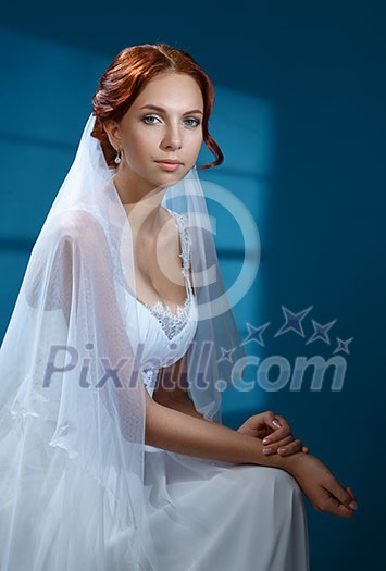 Beautiful bride on a blue background. Wedding dress, veil, red hair. Beautiful bride on a blue background. Wedding dress, veil, red hair.