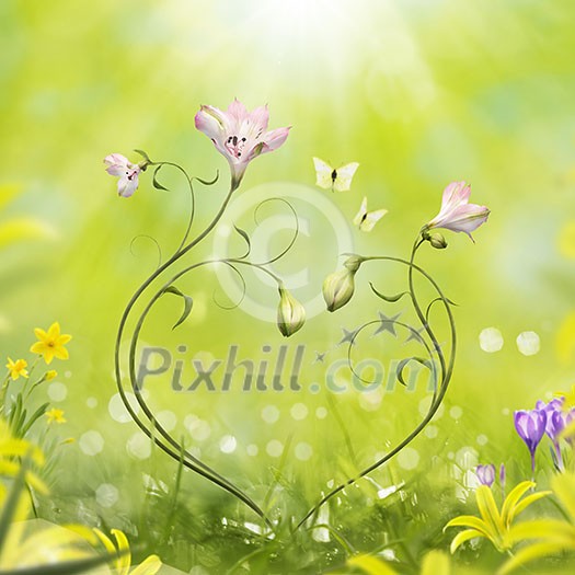 Spring sun shining bright on new flowers in grass surroundings shaped like a heart. Spring sun shining bright on new flowers in grass surroundings shaped like a heart.