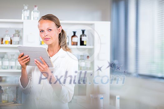 Portrait of a female researcher doing research in a lab (shallow DOF; color toned image) Portrait of a female researcher doing research in a lab (shallow DOF; color toned image)