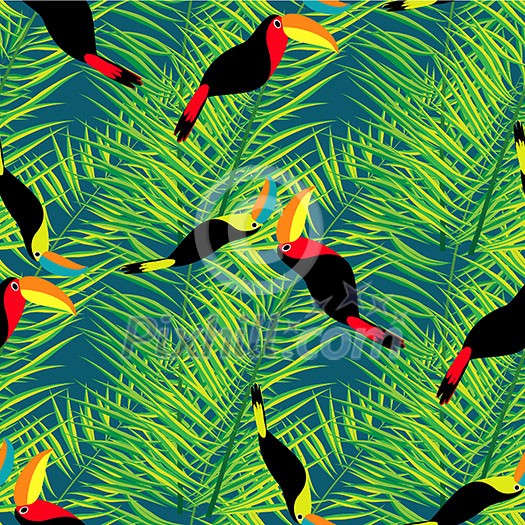 Tropical monstera leaves with toucans seamless pattern. Tropical monstera leaves with toucans seamless pattern.