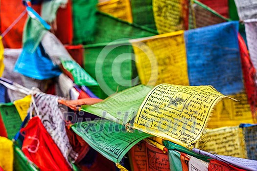 Tibetan Buddhism prayer flags (lungta) with prayer mantra Om mani padme hum in tibetan language. Leh, Ladakh, Jammu and Kashmir, India Tibetan Buddhism prayer flags (lungta) with prayer mantra Om mani padme hum in tibetan language. Leh, Ladakh, Jammu and Kashmir, India