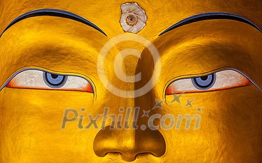 Eyes of Maitreya Buddha face close up. Thiksey Gompa. Ladakh, India Eyes of Maitreya Buddha face close up. Thiksey Gompa. Ladakh, India
