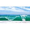Big wave in ocean with blue sky, panoramic image