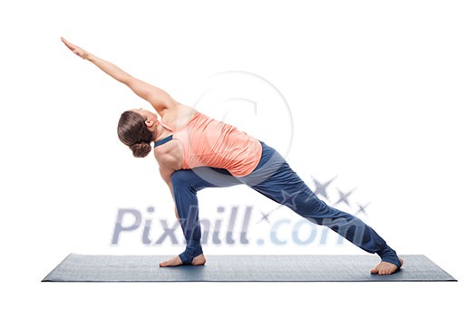 Young fit woman doing Ashtanga Vinyasa Yoga asana Parivritta parsvakonasana - revolved side angle pose isolated on white Young fit woman doing Ashtanga Vinyasa Yoga asana Parivritta parsvakonasana - revolved side angle pose isolated on white