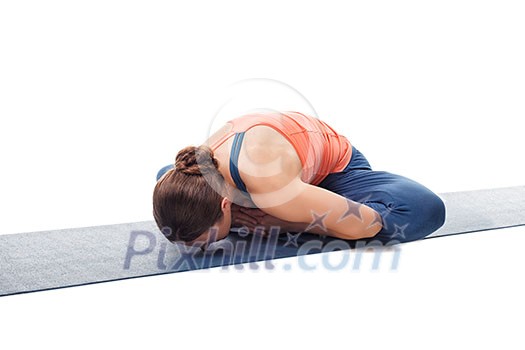 Beautiful sporty fit woman practices yoga asana Baddha konasana - bound angle pose isolated on white Beautiful sporty fit woman practices yoga asana Baddha konasana - bound angle pose isolated on white