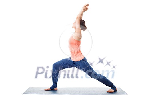 Beautiful sporty fit yogini woman practices yoga asana Virabhadrasana 1 - warrior pose 1 isolated on white Beautiful sporty fit yogini woman practices yoga asana Virabhadrasana 1 - warrior pose 1 isolated on white