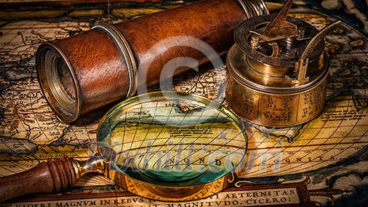 Travel geography navigation concept background - panorama of old vintage retro compass with sundial, spyglass and rope on ancient world map Travel geography navigation concept background - panorama of old vintage retro compass with sundial, spyglass and rope on ancient world map