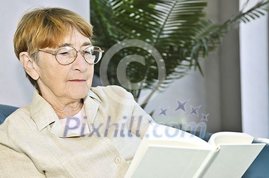 Elderly woman relaxing on couch reading a book Elderly woman relaxing on couch reading a book