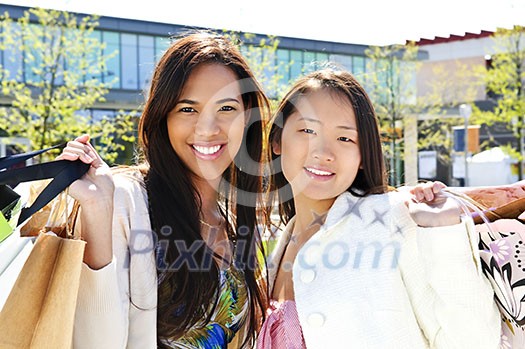 Two young girl friends holding shopping bags at mall Two young girl friends holding shopping bags at mall