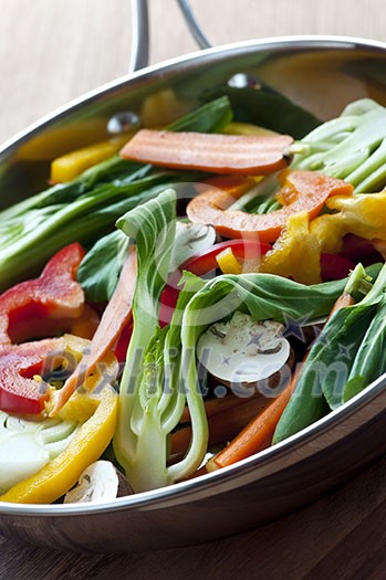 Vegetable stir fry of bok choy mushroom peppers carrots Vegetable stir fry of bok choy mushroom peppers carrots