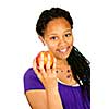 Isolated portrait of black teenage girl holding apple