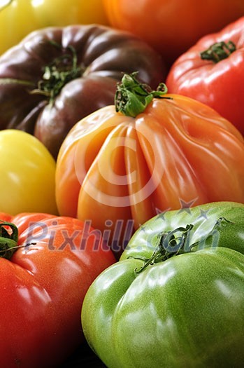 Close up group of multi colored heirloom tomatoes Close up group of multi colored heirloom tomatoes
