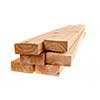Edge of six cedar two by four wood boards on white background
