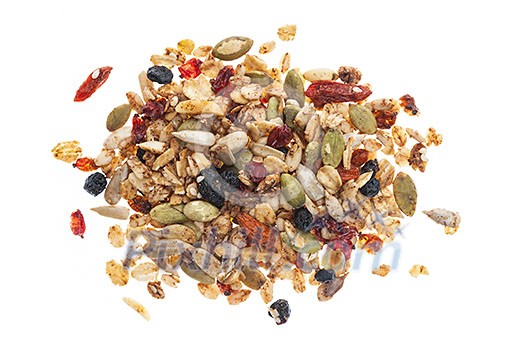 Pile of homemade granola with various seeds and berries shot from above isolated on white background Pile of homemade granola with various seeds and berries shot from above isolated on white background