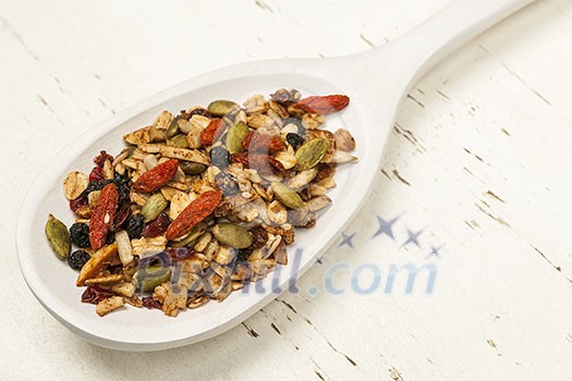 Toasted homemade granola with various seeds and berries in white wooden spoon on wood background Toasted homemade granola with various seeds and berries in white wooden spoon on wood background