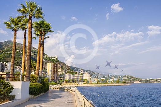 View of seaside Champions Promenade and Mediterranean coast in Monaco View of seaside Champions Promenade and Mediterranean coast in Monaco