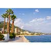 View of seaside Champions Promenade and Mediterranean coast  in Monaco