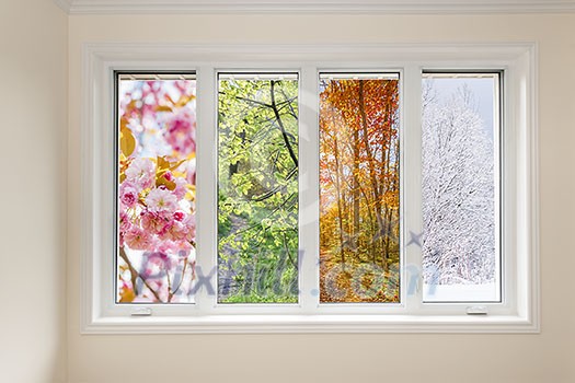 Window in home interior with view of four seasons
