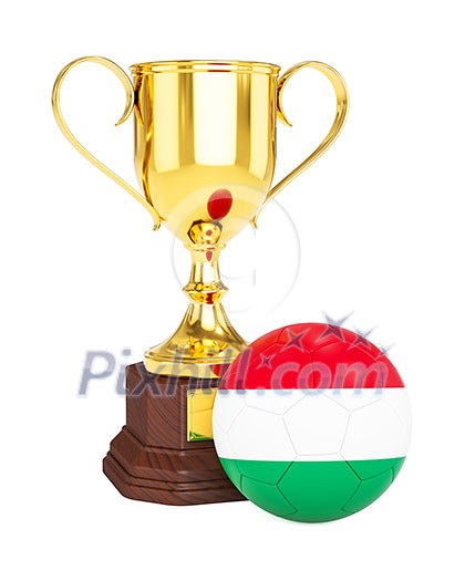 3d rendering of gold trophy cup and soccer football ball with Hungary flag isolated on white background 3d rendering of gold trophy cup and soccer football ball with Hungary flag isolated on white background