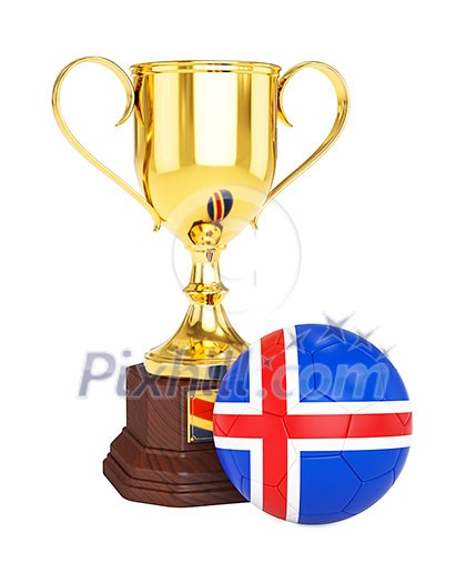 3d rendering of gold trophy cup and soccer football ball with Iceland flag isolated on white background 3d rendering of gold trophy cup and soccer football ball with Iceland flag isolated on white background