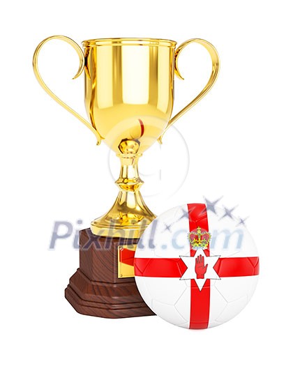 3d rendering of gold trophy cup and soccer football ball with Northern Ireland flag isolated on white background 3d rendering of gold trophy cup and soccer football ball with Northern Ireland flag isolated on white background