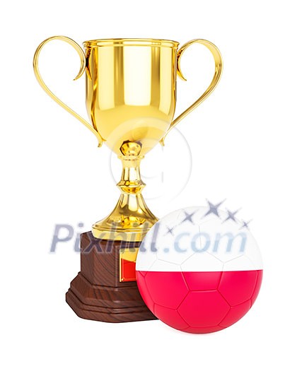 3d rendering of gold trophy cup and soccer football ball with Poland flag isolated on white background 3d rendering of gold trophy cup and soccer football ball with Poland flag isolated on white background
